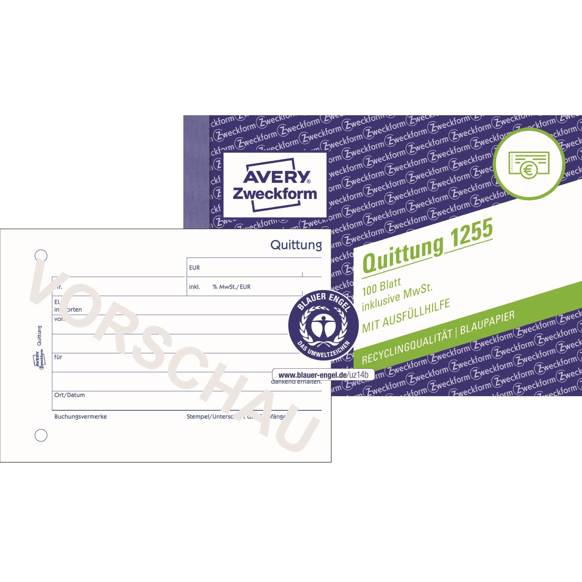 AVERY Zweckform 1255 Receipt pad (A6 Landscape, Including VAT, Tested by Experts, for DE/at for Proper Accounting, 100 Sheets, 100% Recycled, Blue Angel Certified) White