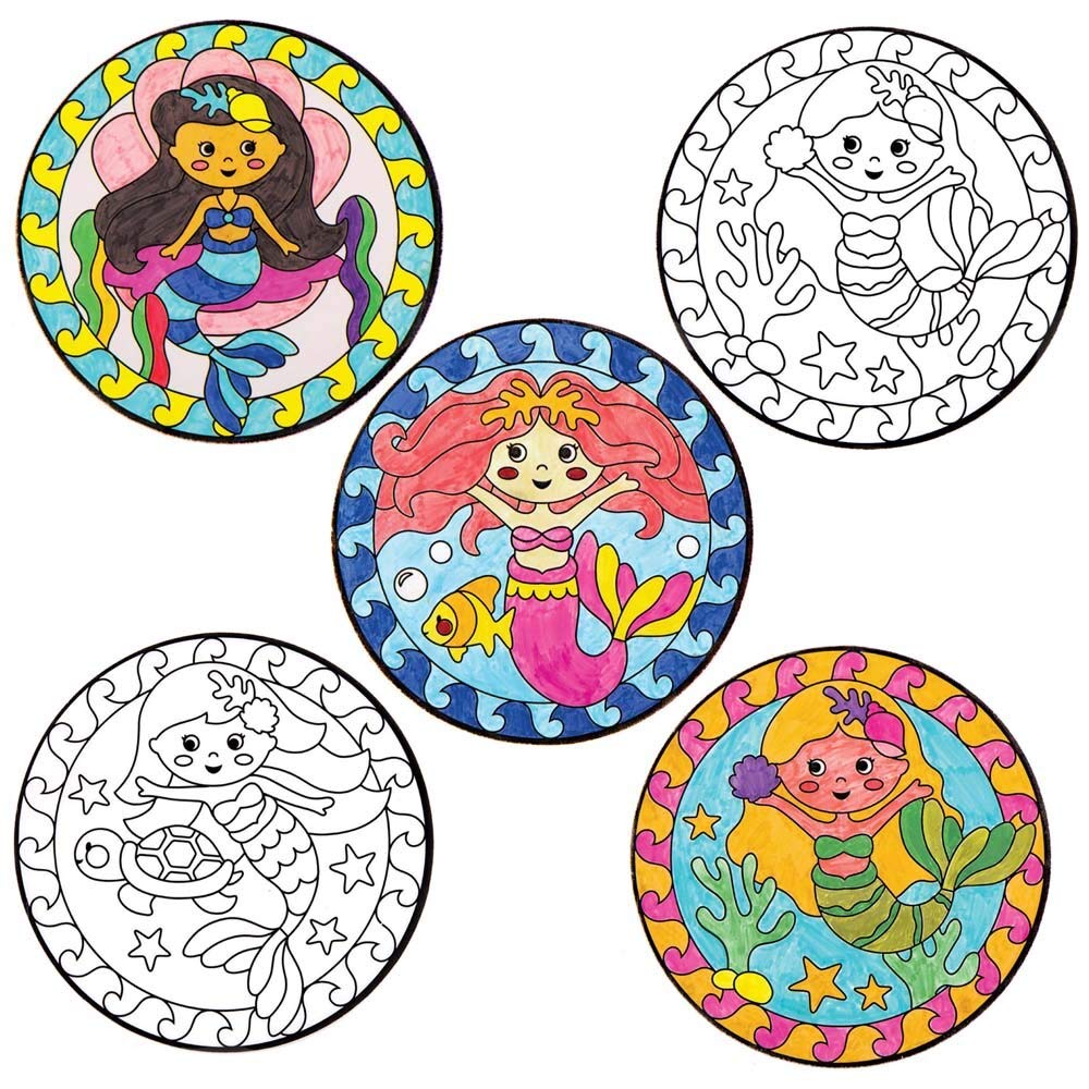 Baker Ross FE165 Mermaid Colour-in Window Decorations - Pack of 15, Suncatcher Stained Glass Effect for Children to Make and Display