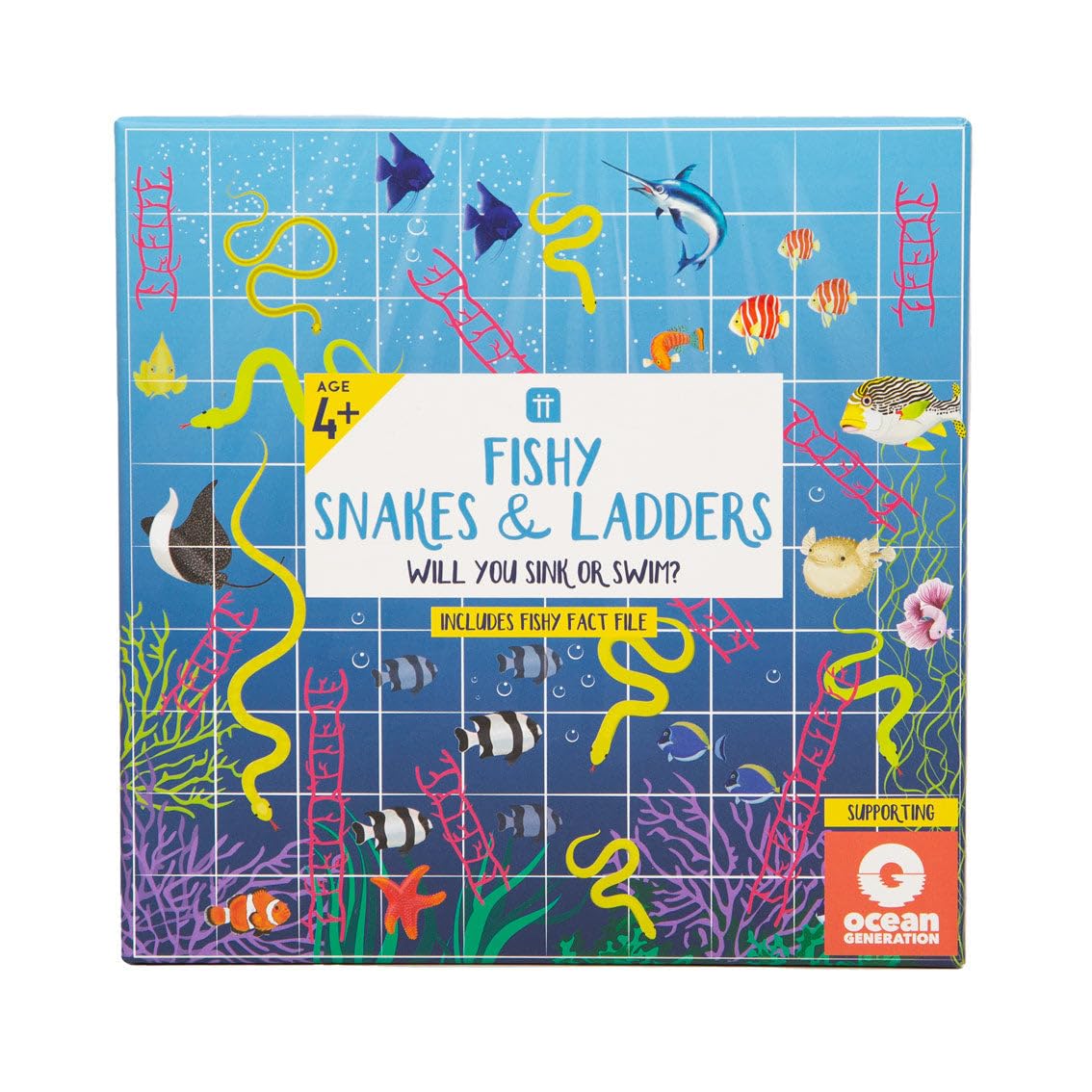 Talking Tables Fish Themed Snakes and Ladders Game for Kids | Classic Board Game for Children & Family with Educational Ocean Fact File (FISH-SNAKE-LADDER), Fishsnakes