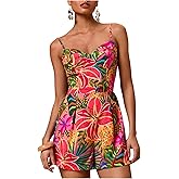 SweatyRocks Women's Spaghetti Strap Floral Print Wide Leg Romper Short Jumpsuit Summer Outfits