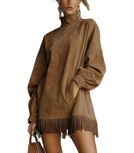 faux suede long sleeve dress Women's Fringe cute midi Saweetie Will Take Your ensuring you own every Color:Caramel/Green/Blue