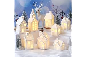 Wesiti 28 Pcs Ceramic LED White Christmas Village Set Include 8 LED White Christmas Village Houses 18 Xmas Trees 2 Lamp Post Scenes Decor Xmas Figurine Decoration Tabletop Mantel Shelf(Classic)