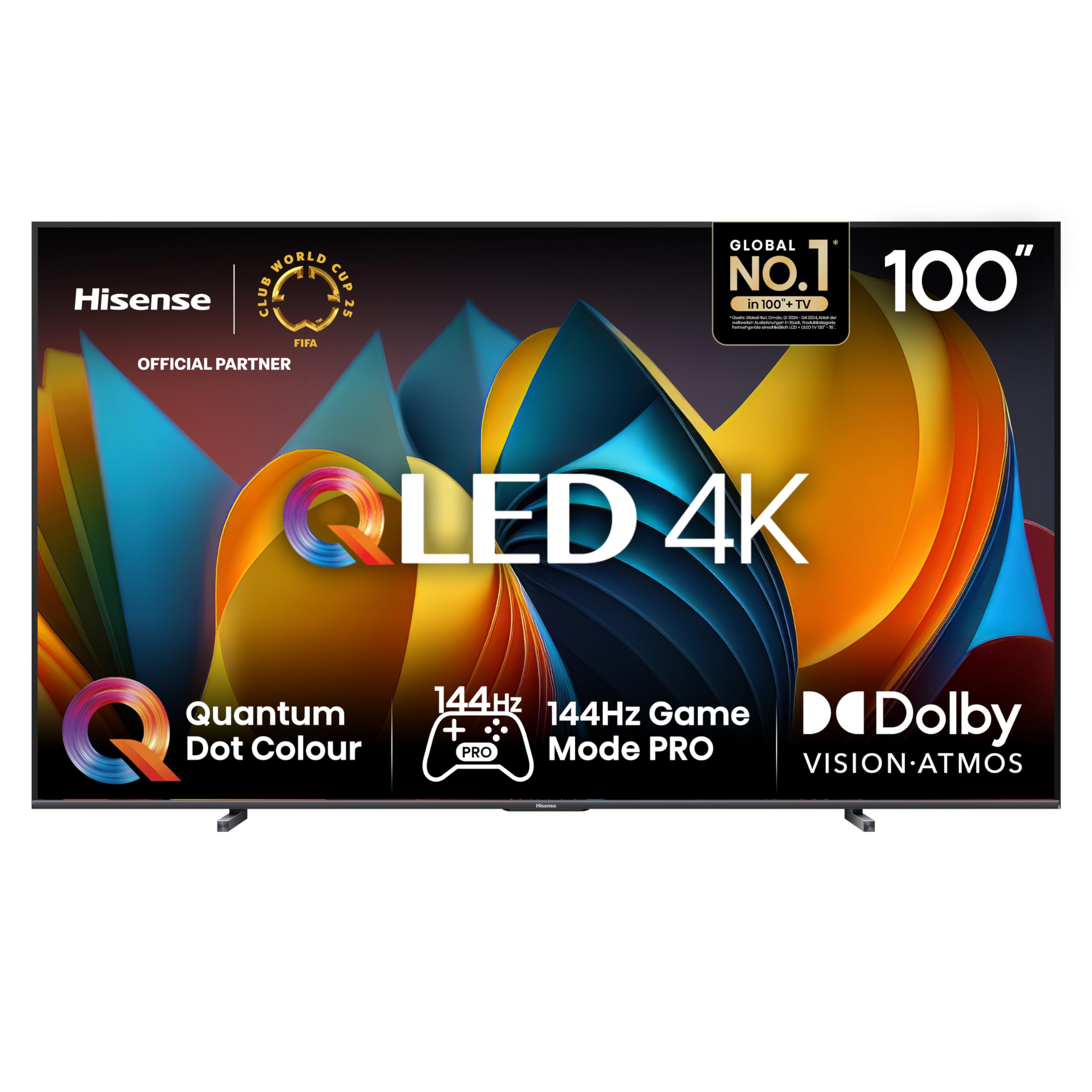 Hisense 100E7NQ 254 cm (100 Zoll) Fernseher, 4K UHD, QLED, HDR10, HDR10+ decoding, HLG, Dolby Vision Atmos, 144Hz VRR, Smooth Motion, Bluetooth, Alexa Built-in, VIDAA Voice, Schwarz [2025]