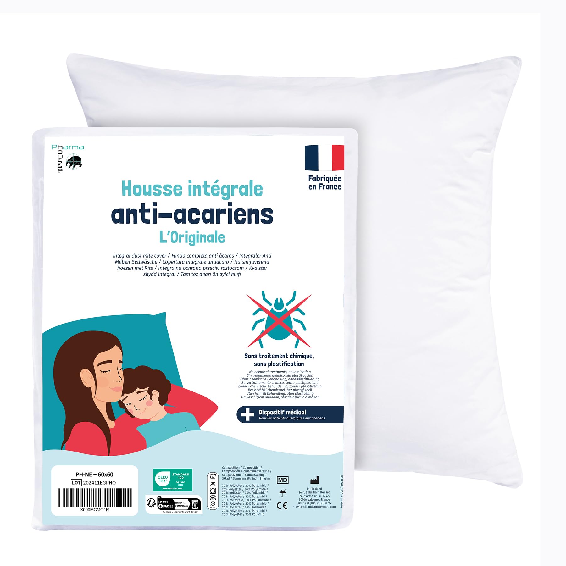 Pharma-Housse Anti-Dust Mite Fully Enclosed Cover for Pillow, 60cm x 60cm, 160 g