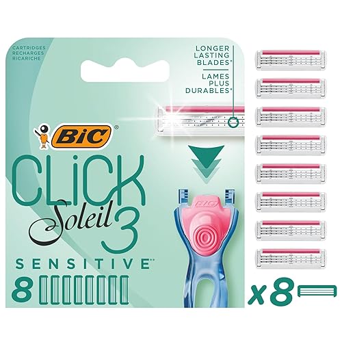 Bic Click 3 Soleil Sensitive Women's Razor Refills, 3 Moveable Blades and Lubricating Strip - Box of 8 Cartridges, Blue
