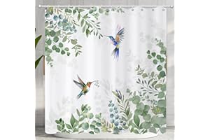 Caheansi Spring Shower Curtain, Hummingbird Sage Green Eucalyptus Leaves Botanical Floral Bathroom Curtain Waterproof Fabric Machine Washable with Hooks, 72" Wx72 L