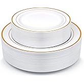 Gold Plastic Plates, MCIRCO 100 Pieces Disposable Party Plates for Weddings, Premium Gold Rim Plates, Include 50 10.25 Inch Dinner Plates and 50 7.5 Inch Dessert Appetizer Plates