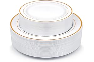 M MCIRCO Gold Plastic Plates, MCIRCO 100 Pieces Disposable Party Plates for Weddings, Premium Gold Rim Plates, Include 50 10.25 Inch Dinner Plates and 50 7.5 Inch Dessert Appetizer Plates