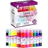TBC The Best Crafts Liquid Watercolor Paint Set, 12 Vibrant Colors( 2oz./59ml Each Bottle ), Water Based Paint for Kids and A