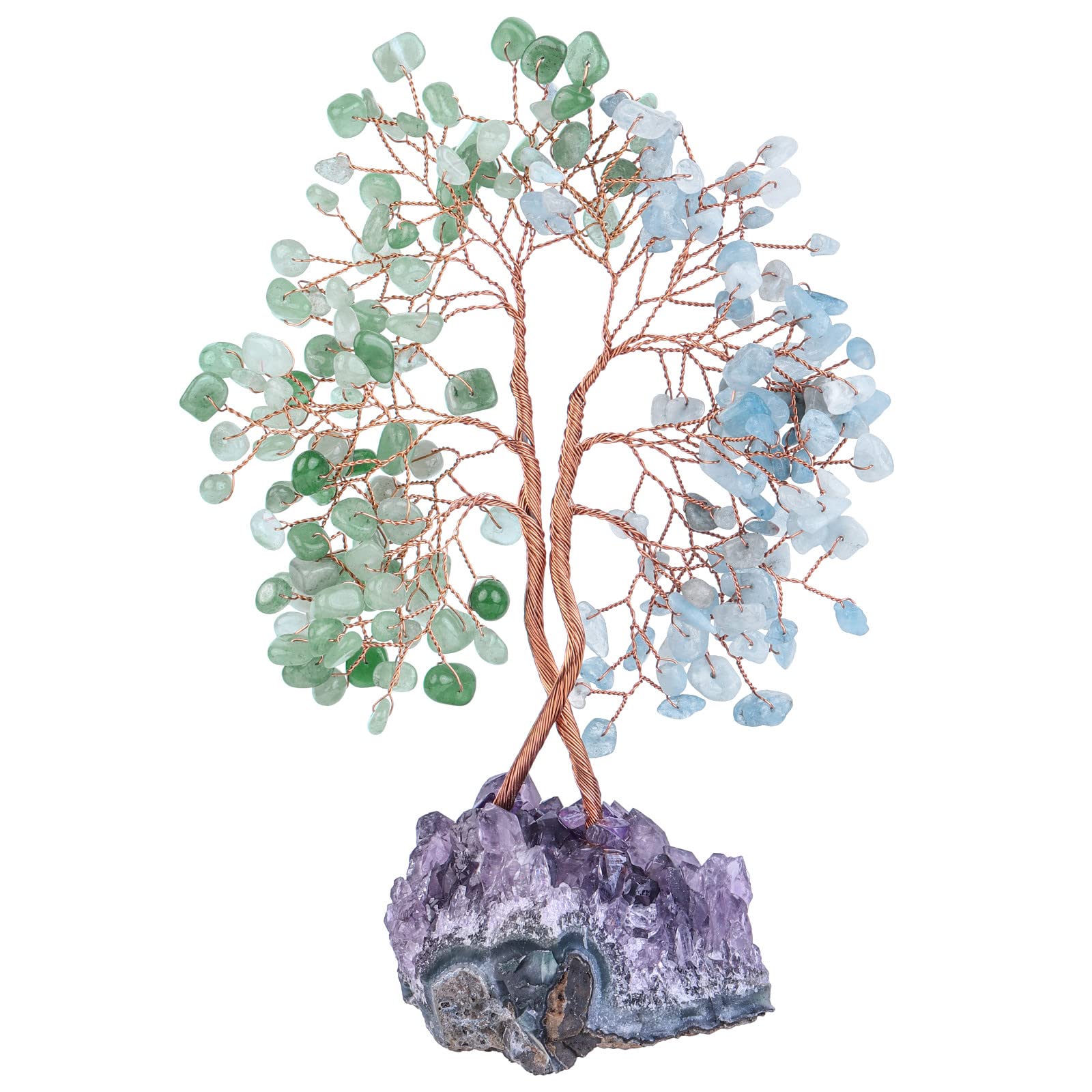 Nupuyai Green Aventurine & Aquamarine Crystal Tree with Amethyst Cluster Base, Twining Money Tree Figurines Fengshui Ornament for Home Office Wedding Decor