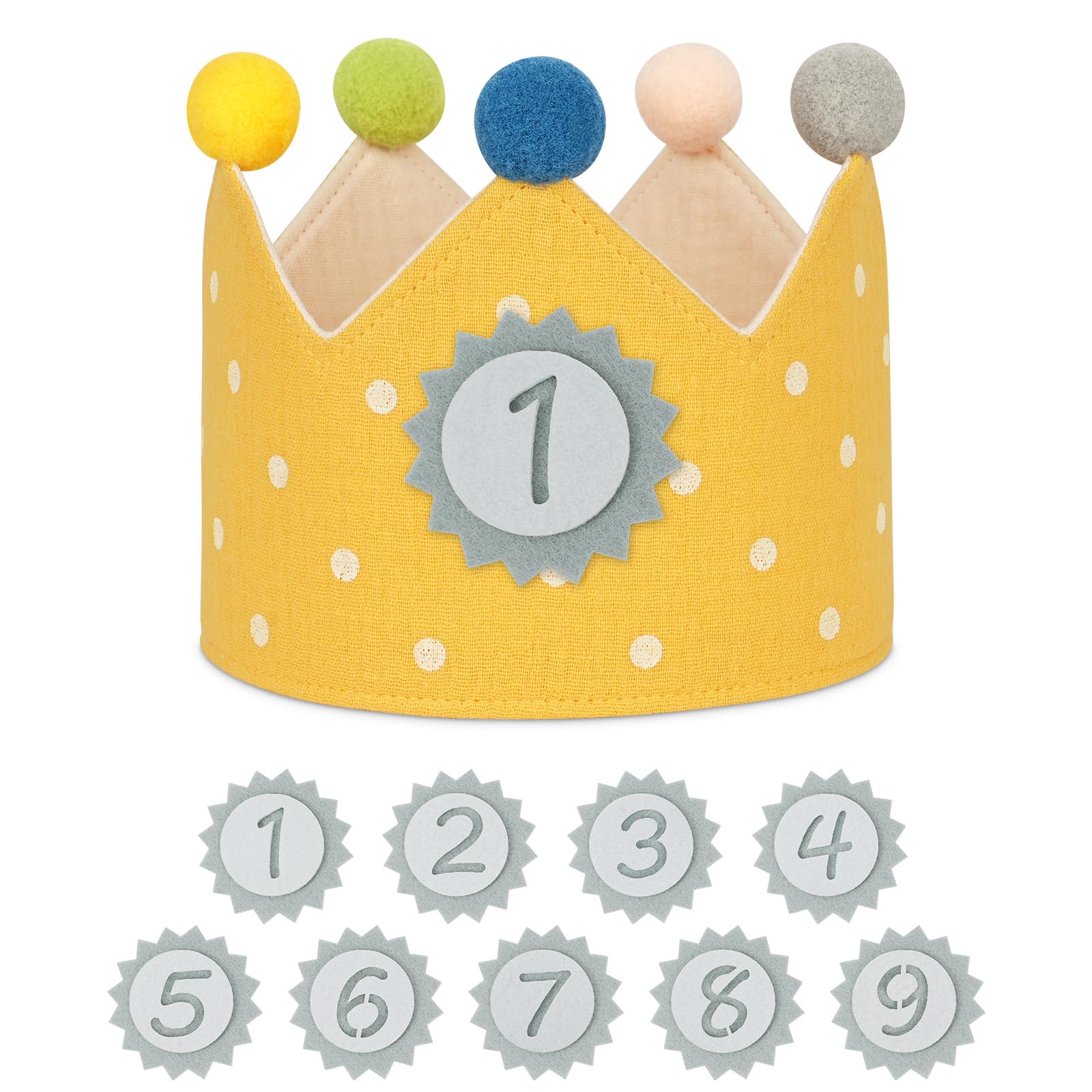 URAQT Birthday Crown for Kids, Reusable Dot Yellow Party Hat with Interchangeable Numbers 1-9, Unisex, Muslin Material, Ideal for Birthdays & Themed Parties
