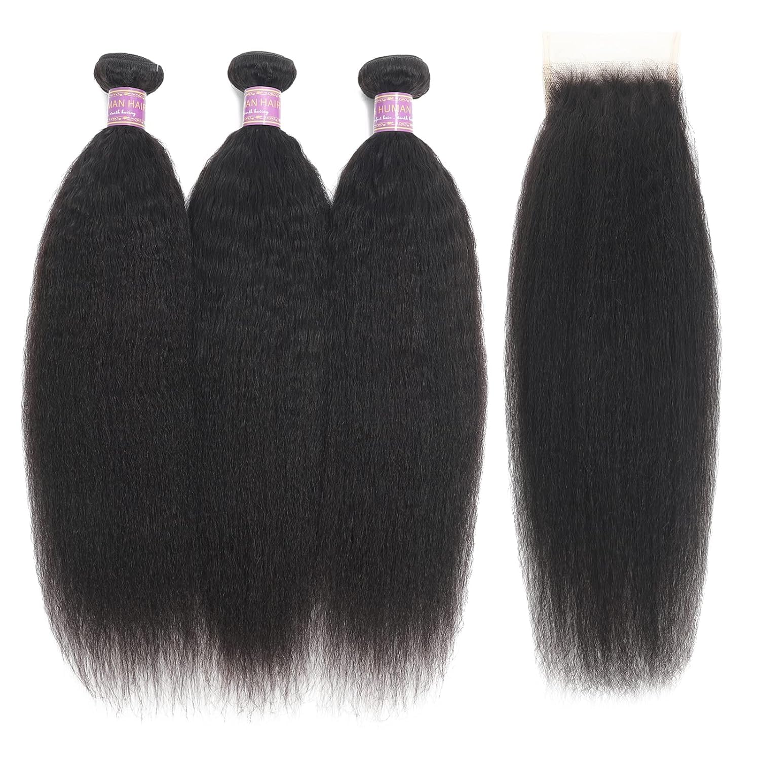 TOOCCI Kinky Straight Hair Bundles With Lace Closure 10A Virgin Brazilian Human Hair Yaki Straight Weave Weft with 4x4 Lace Closure Natural Color (3+1 Es yaki straight, 10 10 10+8 Closure)