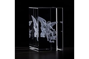 Christian Brands Home Décor - 3-D Laser Etched Square Glass Block by Jeweled Cross, 2" W x 3.75" H x 2" D, Saint Michael