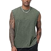 Flygo Mens Sleeveless Workout Tank Tops Cotton Cut Off Muscle T Shirts Acid Wash Loose Running Gym Tees