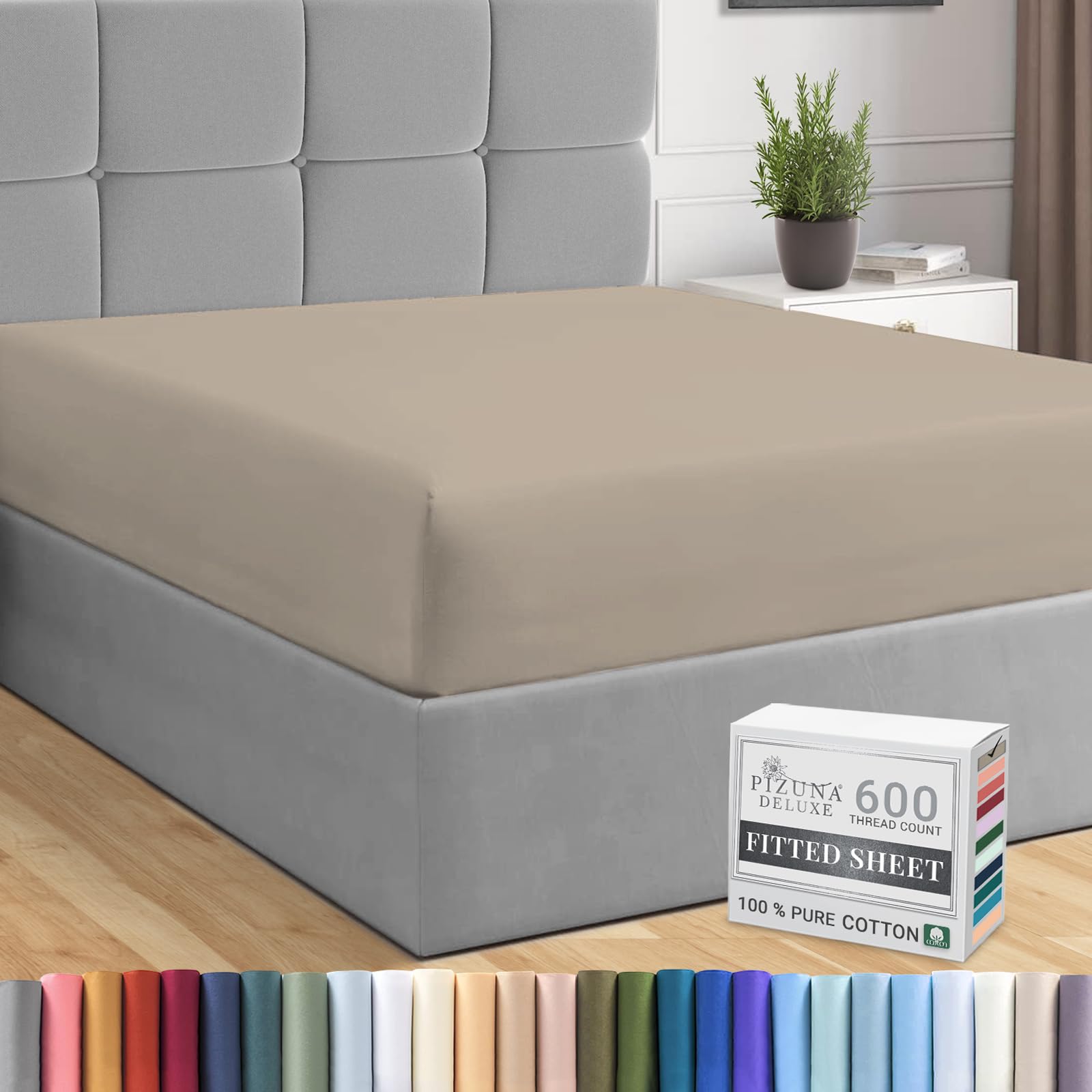 Pizuna Pure Combed Cotton Fitted Sheet Simply Taupe, 600 Thread Count 100% Long Staple Cotton King Size Fitted Sheet 160x200 cm, Sateen Weave King Size Fitted Sheets Deep Fit 40 cm 1 PC