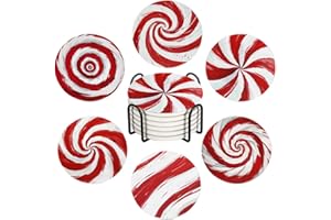 AOWCED Christmas Drink Absorbent Coasters with Holder Set of 6, Ceramic Stone with Cork Base, Red and White Candy Cane Coaster for Drinks, Gift for Housewarming Room Bar Home Decor Kitchen