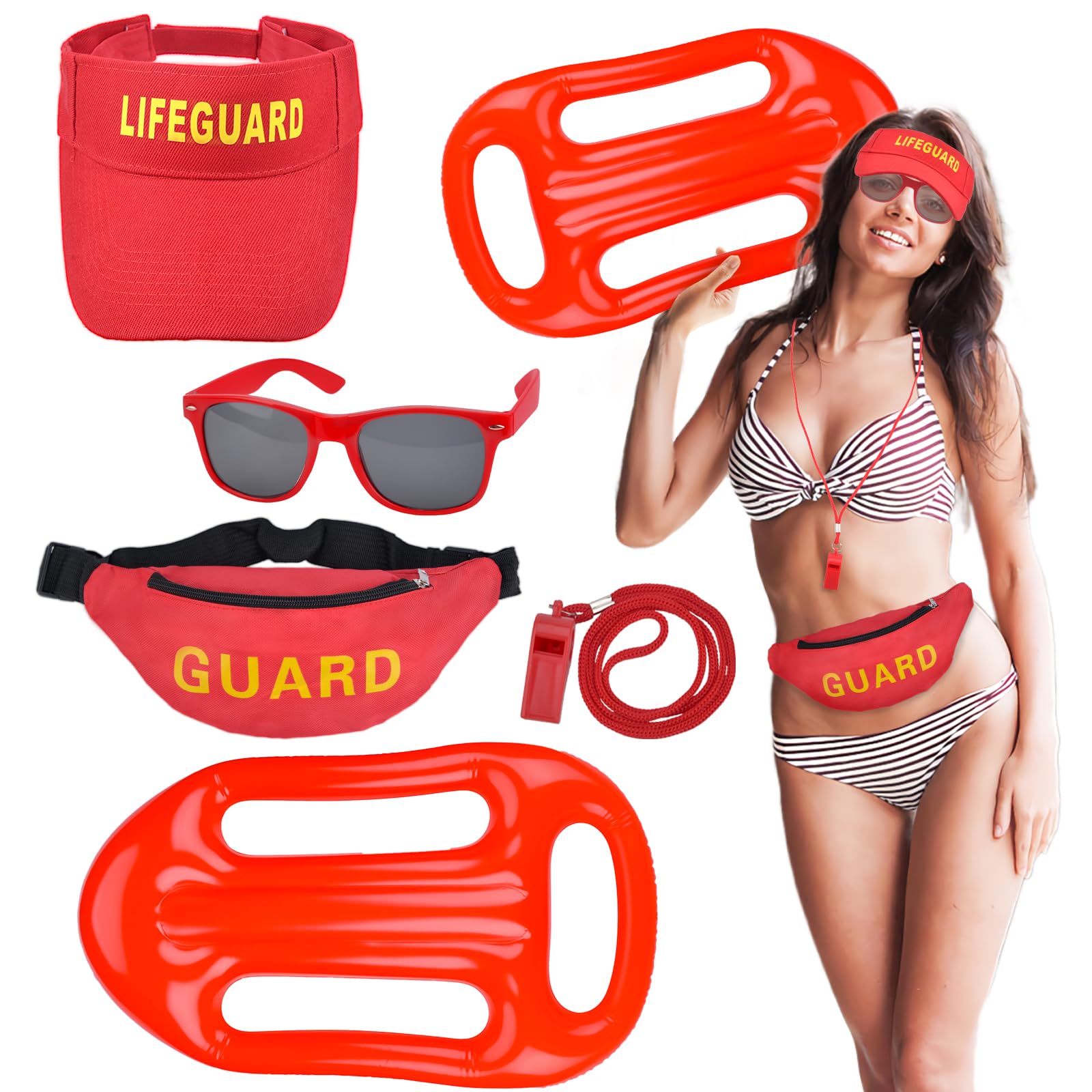 xinrongda 5PCS Lifeguard Fancy Dress, Baywatch Costume, Include Hat Fanny Pack Whistle Inflatable Float Sunglasses, Halloween Fancy Dress for Pool Party