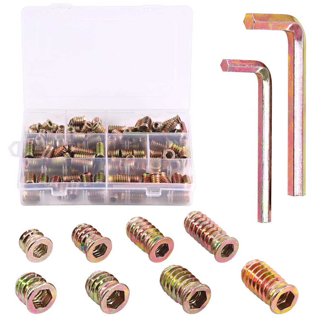 Keadic 120Pcs 1/4"-20 5/16"-18 Nut Inserts Assortment Kit with M6 M8 Internal Hex Tool, Furniture Screw in Nut Threaded, Wood Inserts, Bolt Fastener Connector Hex Socket Drive for Wood Furniture