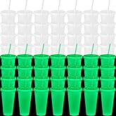 Honeydak 60 Pack 24 oz Glow in The Dark Cups Gift Bulk Light up Neon Plastic Tumbler with Straw and Lid Glow in The Dark Party Supplies Water Bottle Iced Coffee Mug Reusable(Fluorescent Green)