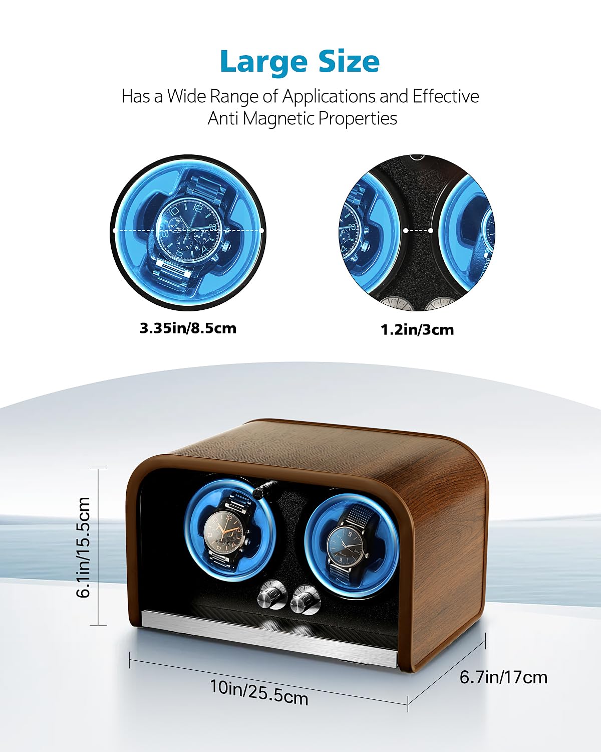 Clewcks Watch Winder for Automatic Watches, Watch Winders Box for Rolex,Double Japanese Silent Motor, 4 Rotation Mode Setting, Blue Light, Plug-in or 2 * AA Batteries (not included), Retro Style, Gift for man