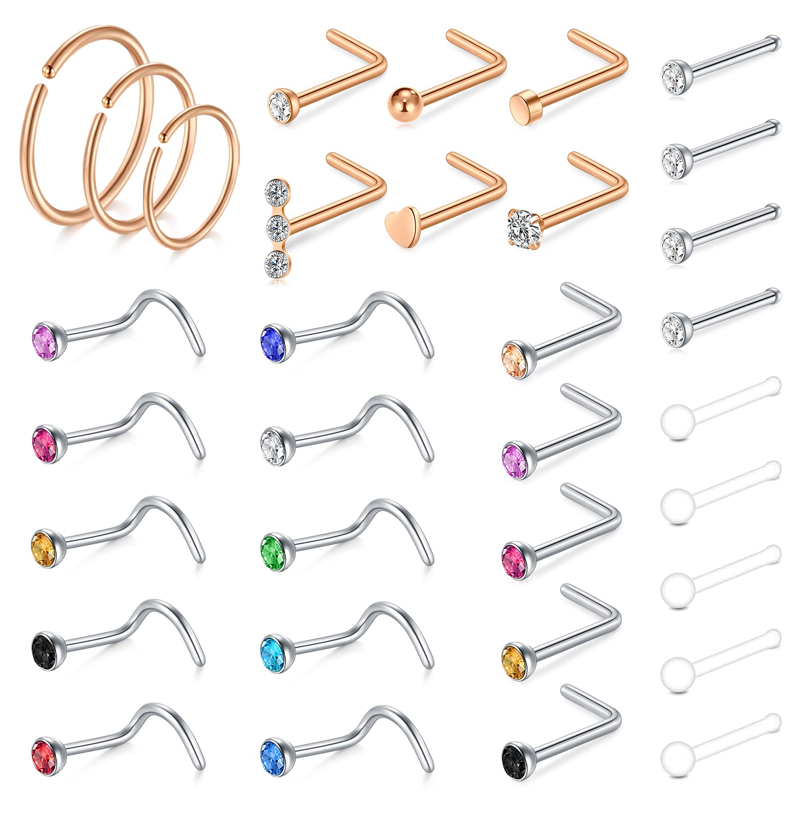 incaton 20G Nose Stud 33Pcs 0.8mm Nose Ring Surgical Steel Nose Piercings CZ Nose Screw Studs Nose Jewellery for Women Men