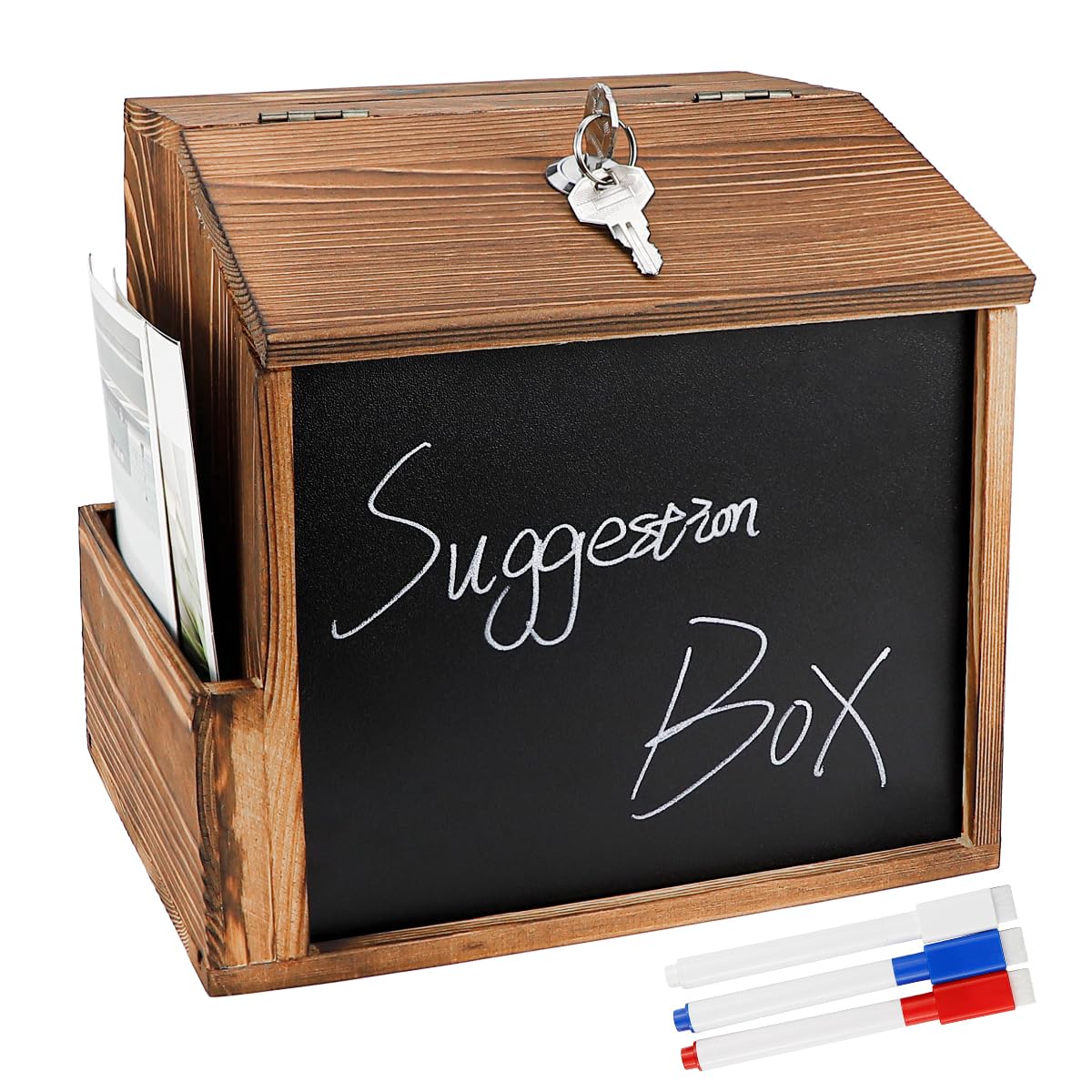 ZJIVQO Lockable Suggestion Box With Blackboard Donation Box Wooden Charity Donation Boxes Comment Collection with Lock Wooden for Office, Customer Center, School, Hospital