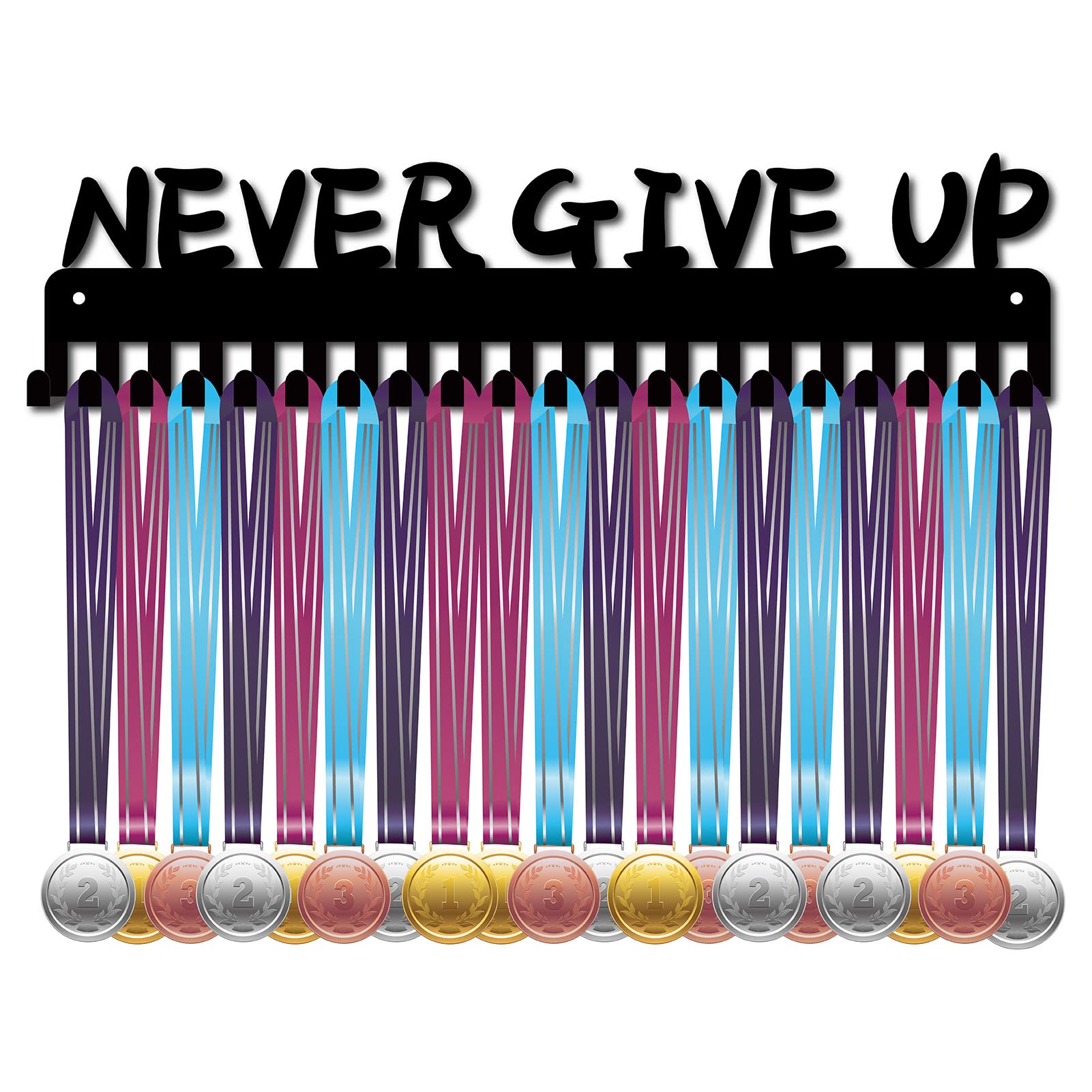 CREATCABIN Never Give Up Medal Holder Sport Medals Display Stand Wall Mount Hanger Decor Stainless Steel Metal Hanging Award for Home Badge Storage Running Soccer Gymnastics Over 60 Medals, Black