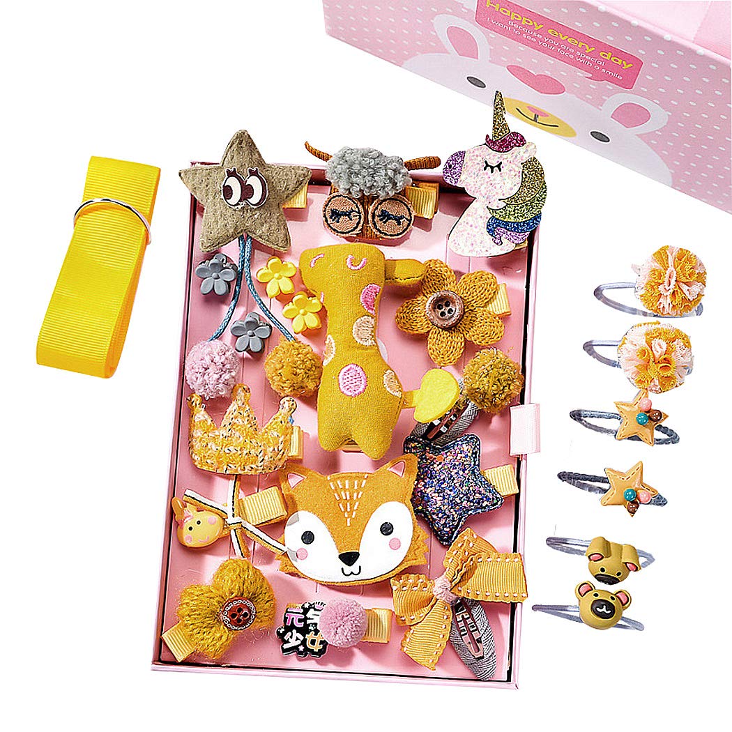 SIPLIV 24 Pcs Baby Girls Hair Accessories Set - Hair Clips, Hair Ties, Hair Bows, Claw Clips,Storage Strap and Gift Box, Yellow - D
