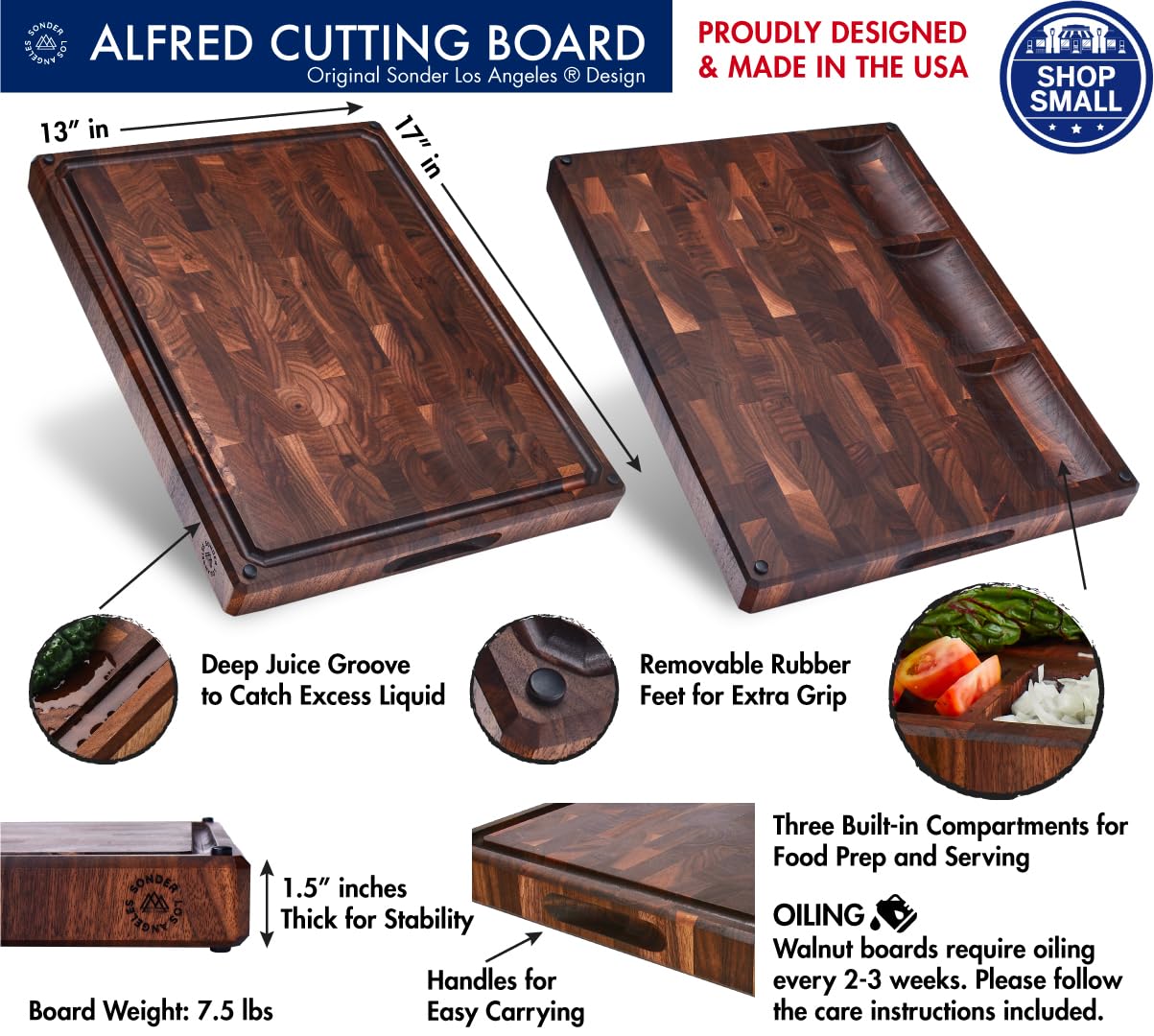 Sonder Los Angeles Alfred Cutting Board Made in USA | Black Walnut End Grain Cutting Board with Non-Slip Feet, Juice Groove, Sorting Compartments | Gift Box Included | 17x13x1.5 in
