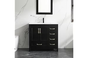 LUCKWIND 36" Bathroom Vanity and Sink Combos, Modern Bathroom Storage Cabinet with Ceramic Sink, Matte Black Faucet and 5 Drawers, Mirror is NOT Included, Black