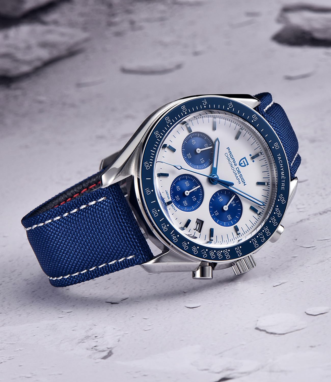 RollsTimi Pagani Design 1701 Men's Watch White Dial Men's Quartz Chronograph Japan VK63 Movement Stainless Steel Bracelet 100M Water Resistant Sport Watch.