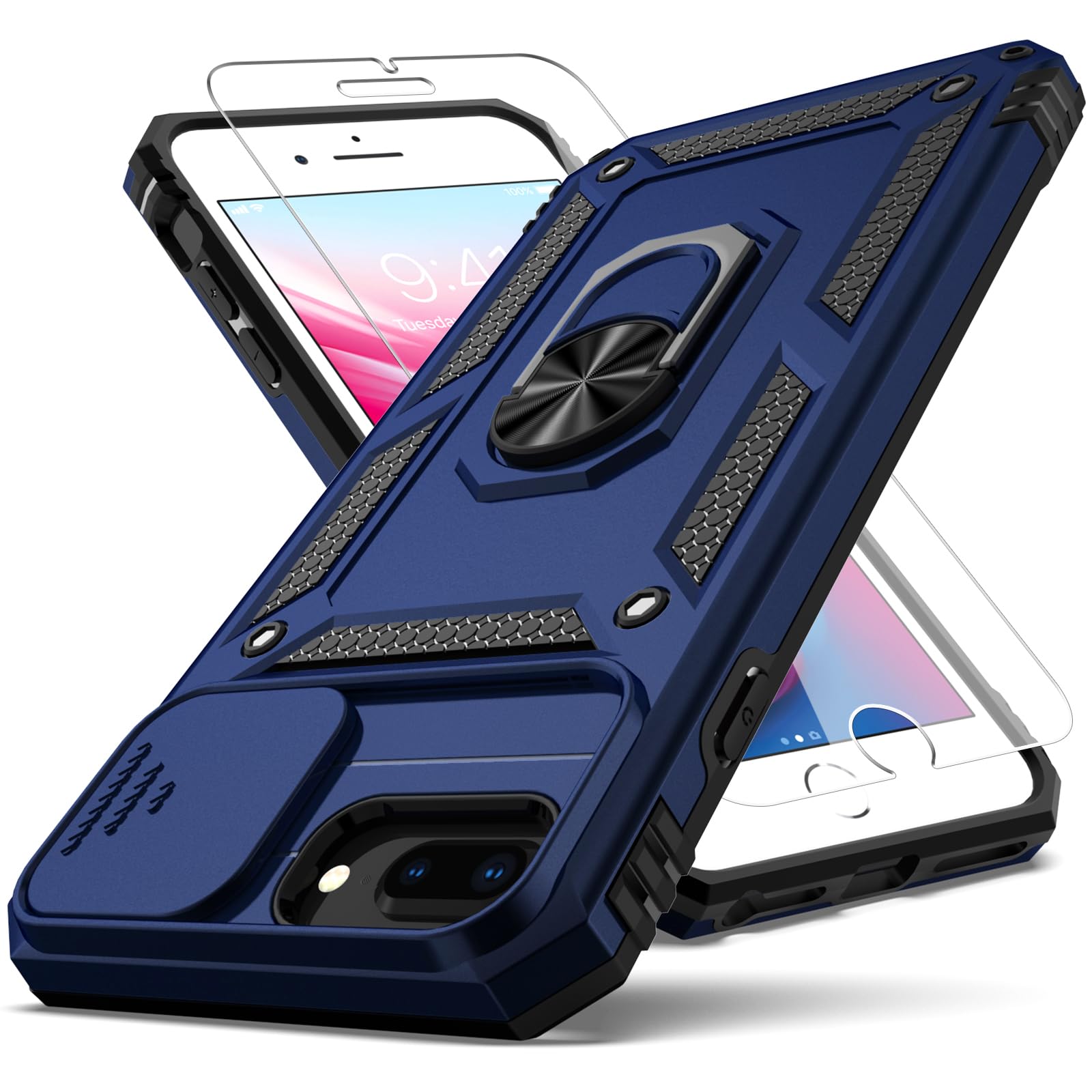 YZOK for iPhone 8 Plus Case, for iPhone 7/6 Plus Case, with Slide Camera Cover+ HD Screen Protector,Rotated Ring Kickstand Military Grade Shockproof Protective Cover-Blue