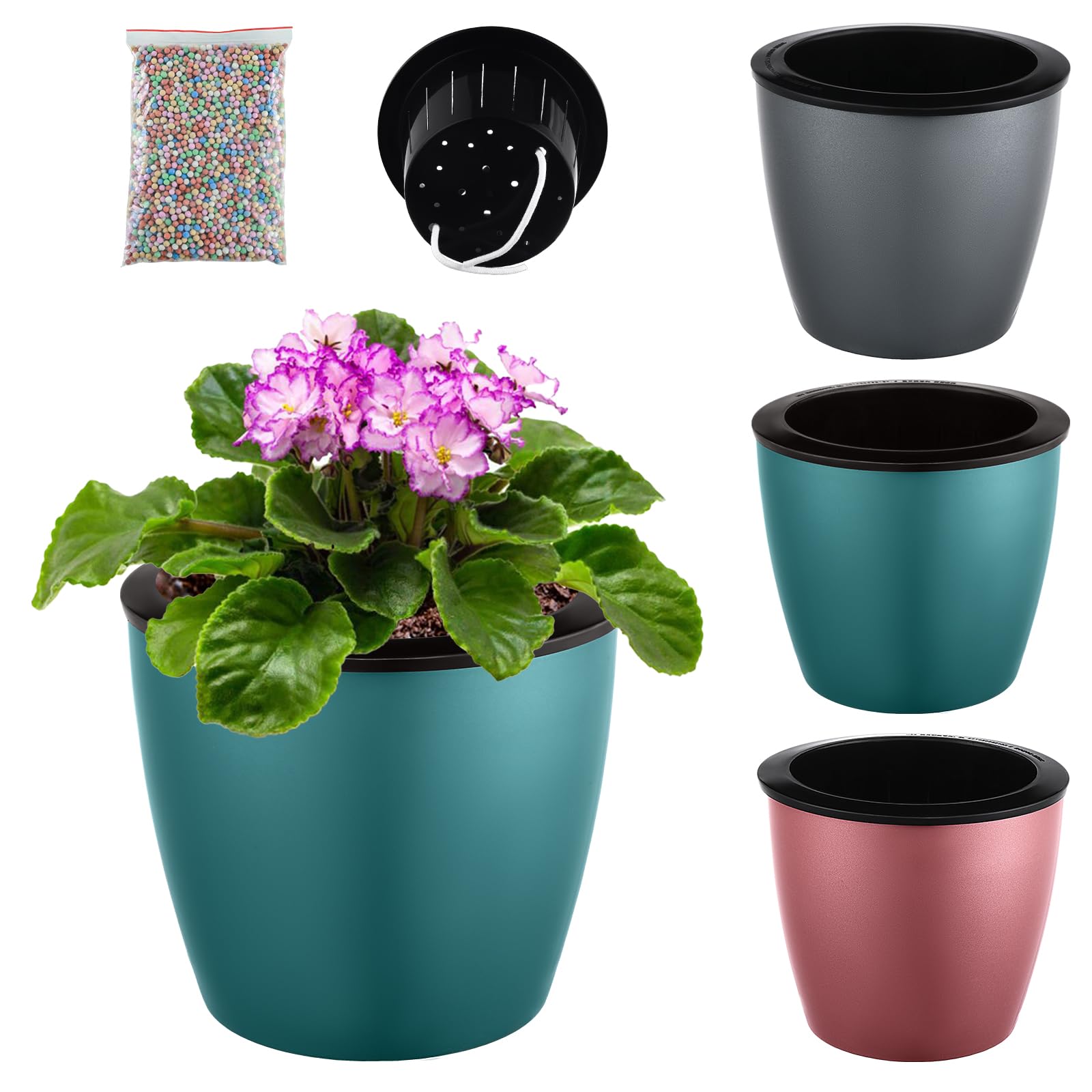 Photo 1 of Planterhoma 6.7 Inch Self Watering Pots for Indoor Plants, 3 Packs African Violet Pots, Black Wick Pot with Drainage Holes, Self Watering Planters for Orchid, Devil's Ivy, Silver/Blue/Rose Gold