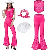 JenPen 4 Pcs Pink Cowgirl Outfits for Women 70s 80s Disco Costume Set with Flare Pants Vest Hat Bandana for Halloween Cosplay