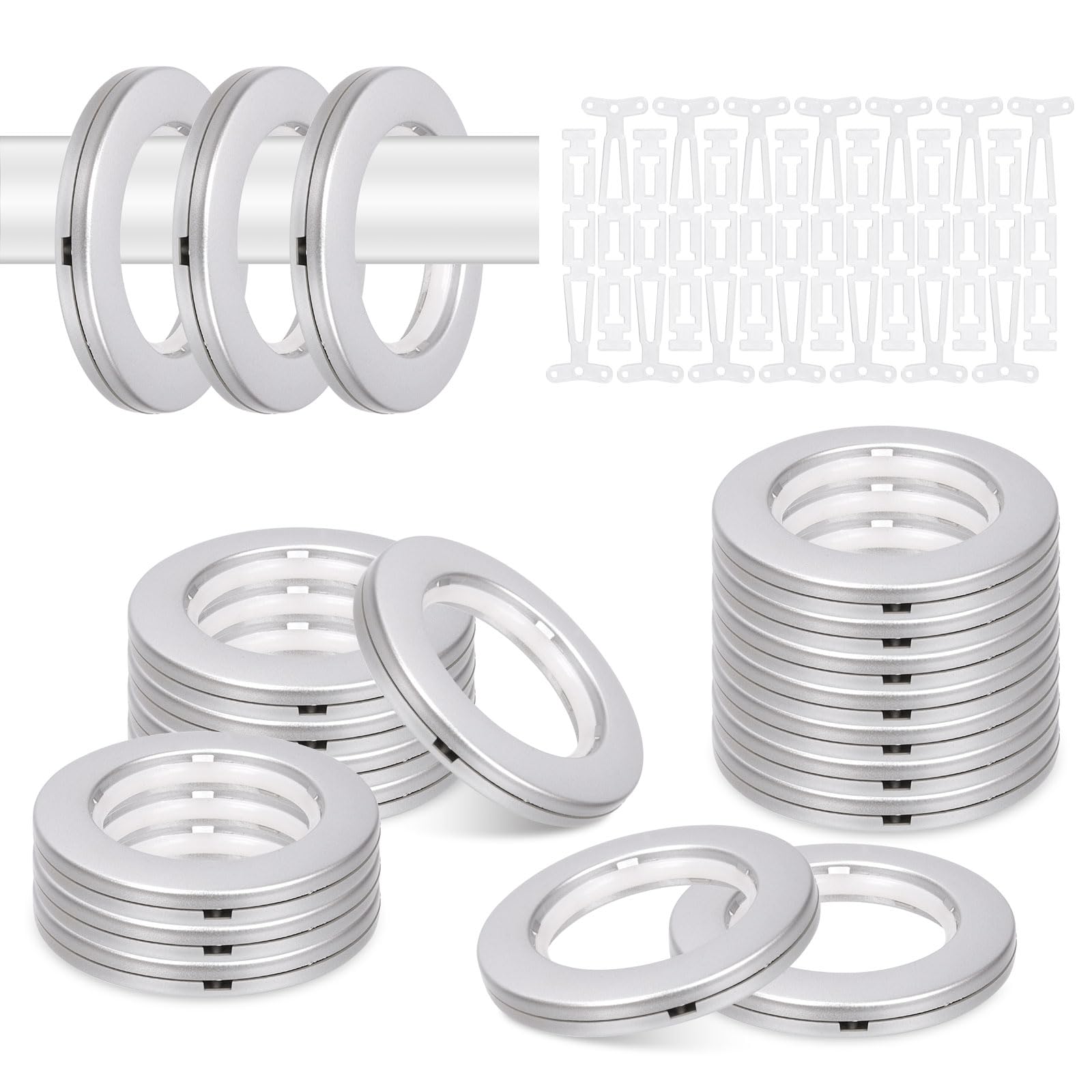 Glarks 20 Sets 1-5/8" (42mm) ID Curtain Grommet Plastic Eyelets Rings with Washers Easy Push Snap Low Noise Sliding Rings for DIY Canvas, Leather Craft (Silver)