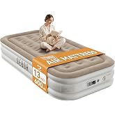 Sebor Air Mattress with Built-in Pump, Comfortable Self-Inflating Air Mattress with High-Speed Pump, Durable Blow Up Mattress with Storage Bag for Guests, Camping, Travel (Khaki White, 13" Twin XL)