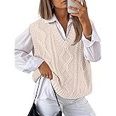 Trendy Queen Women' s Oversized V Neck Sweater Vest Sleeveless Cable Knit Casual Pullover Tops