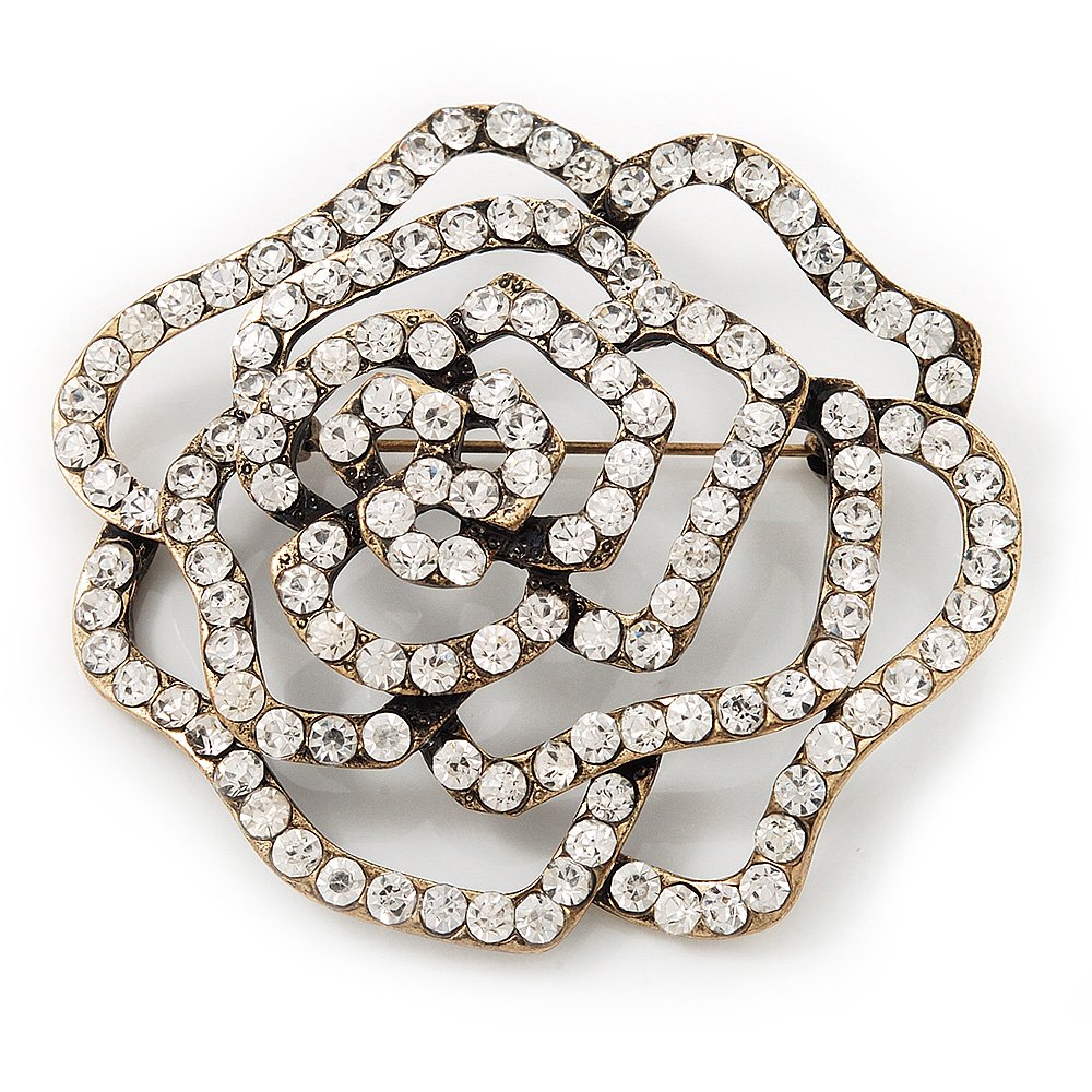 Antique Gold Clear Diamante 'Rose' Brooch - 6cm Diameter