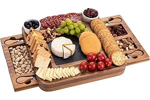 HBlife Acacia Cheese Board & Knife Set Charcuterie Board Cheese Platter with Slide-Out Drawer for Wine, Cheese, Meat , House 