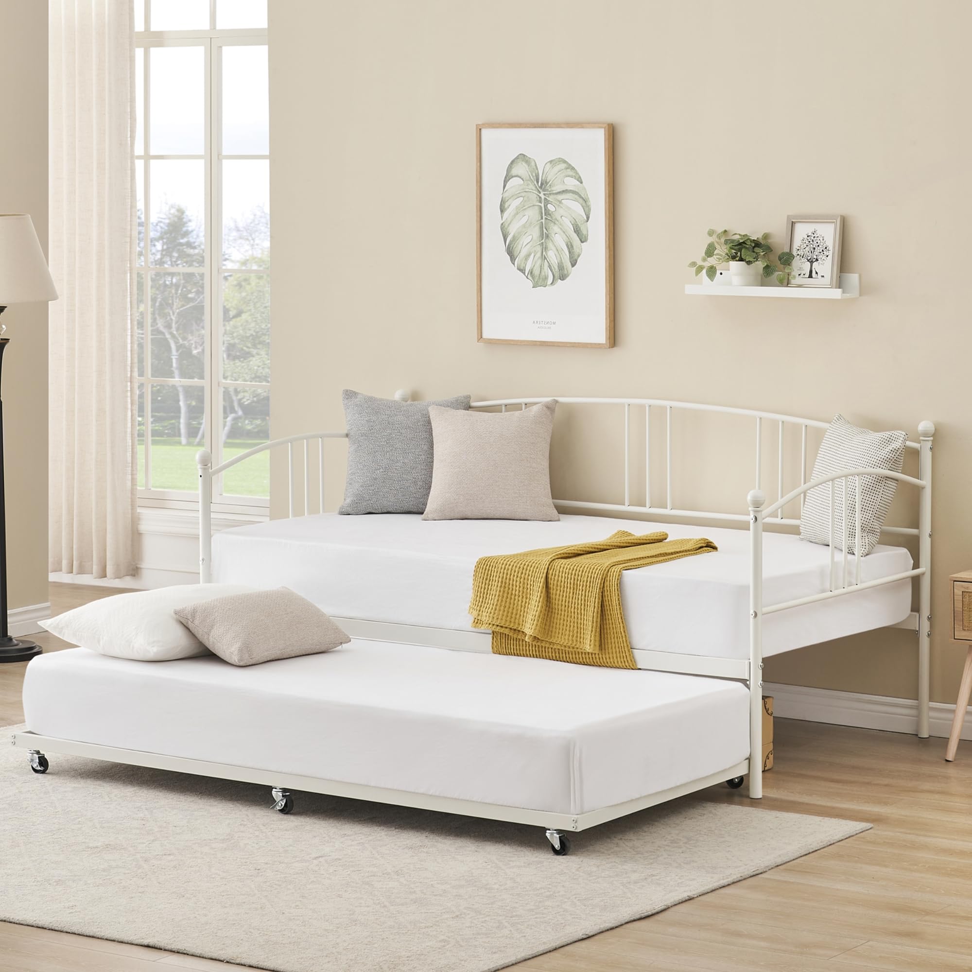Photo 1 of *Piece bent* Small scratches* IDEALHOUSE Twin Daybed with Trundle, Metal Twin Size Daybed with Pullout Trundle 6 Casters, Steel Slat Support Sofa Bed for Living Room, Bedroom, Guest Room (White)