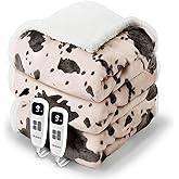 blunique Cow Print Electric Heated Blanket Queen-Dual Control Heating Blanket Queen Size with 10 Heat Levels & 10 Hours Auto-Off, Cozy Soft Fleece Sherpa, Washable, 84x90 Inche Cow Print Light Coral