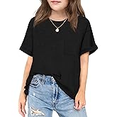 Arshiner Girls Oversized T Shirts with Pocket Short Sleeve Basic Crewneck Summer Casual Loose Tops Clothes 5-14 Years