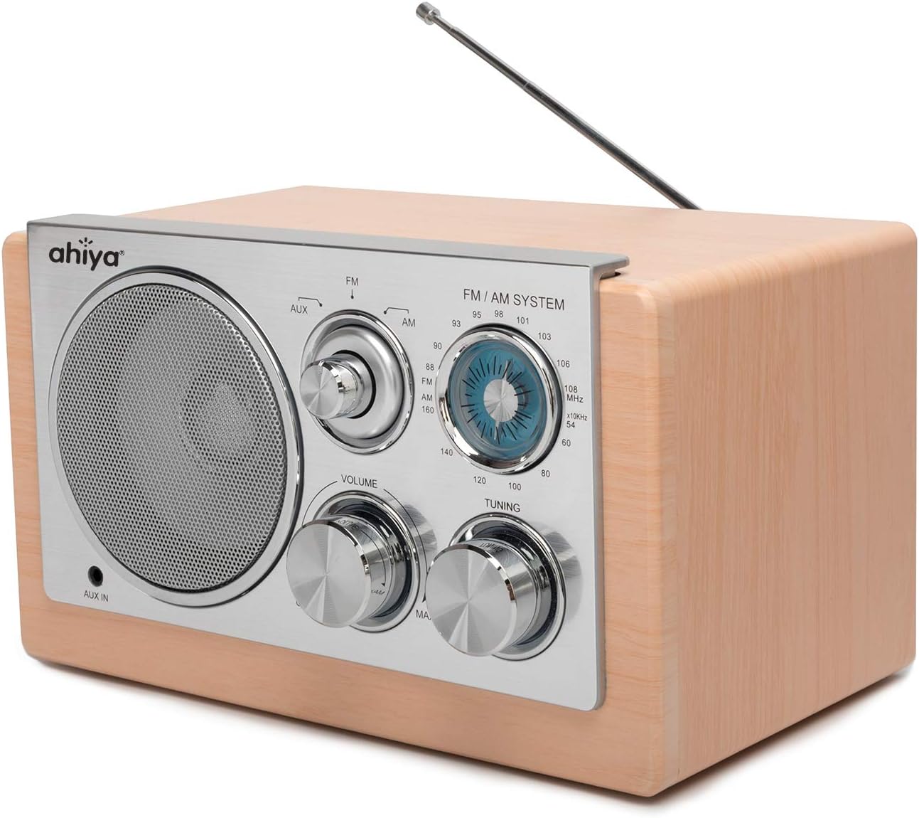 ahiya Wireless Radio Personal AM FM Sound Good Reception Retro Classic Portable Aux Input Speaker Good Selectivity Metal Antenna Best Gift for Father Mother Grandpa Grandma Wood Color
