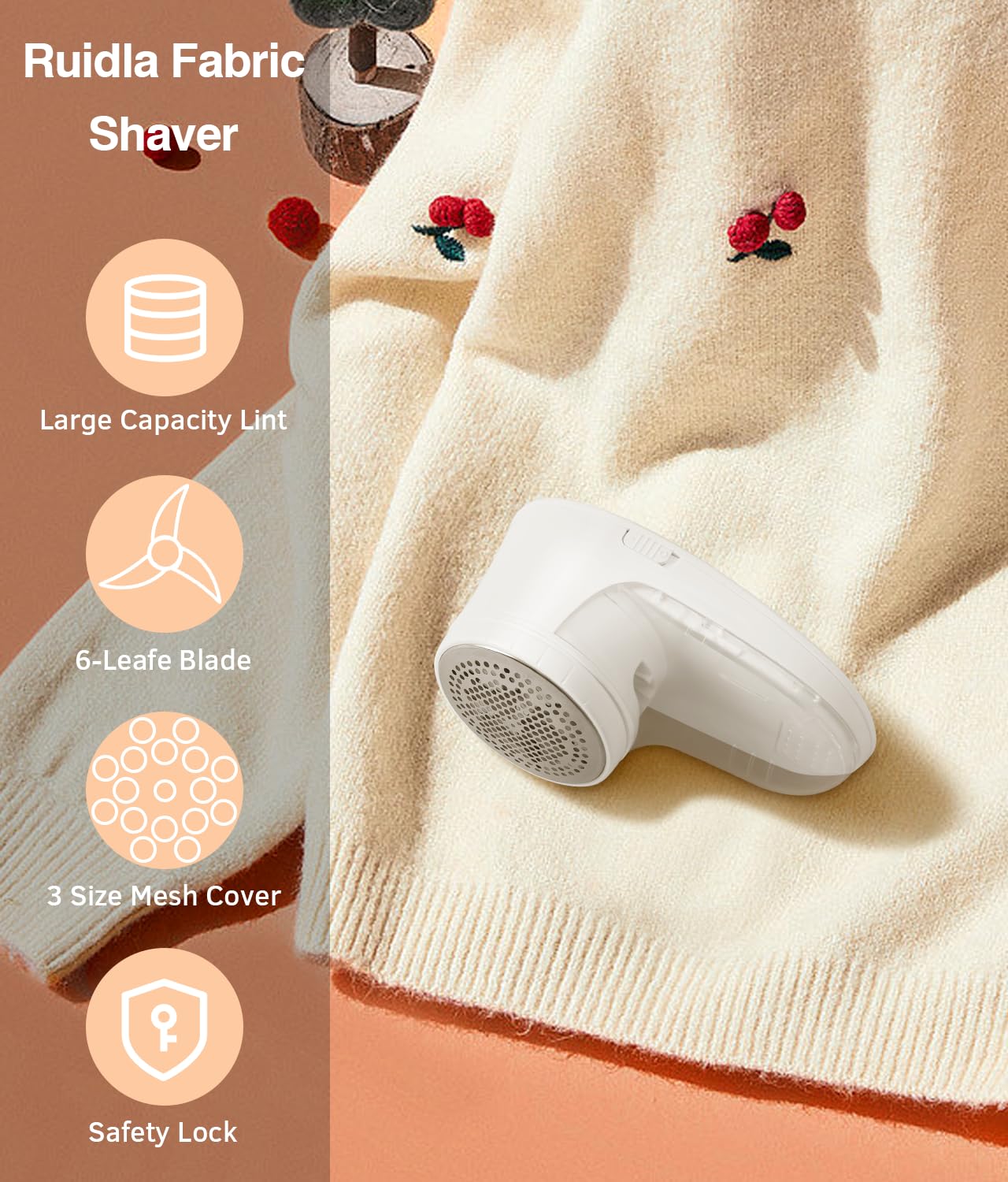 Ruidla Fabric Shaver Lint Remover, Sweater Shaver with Replaceable Stainless Steel 6-Leaf Blades, Fabric Defuzzer for Clothes Fuzz, Lint Balls - Battery Operated