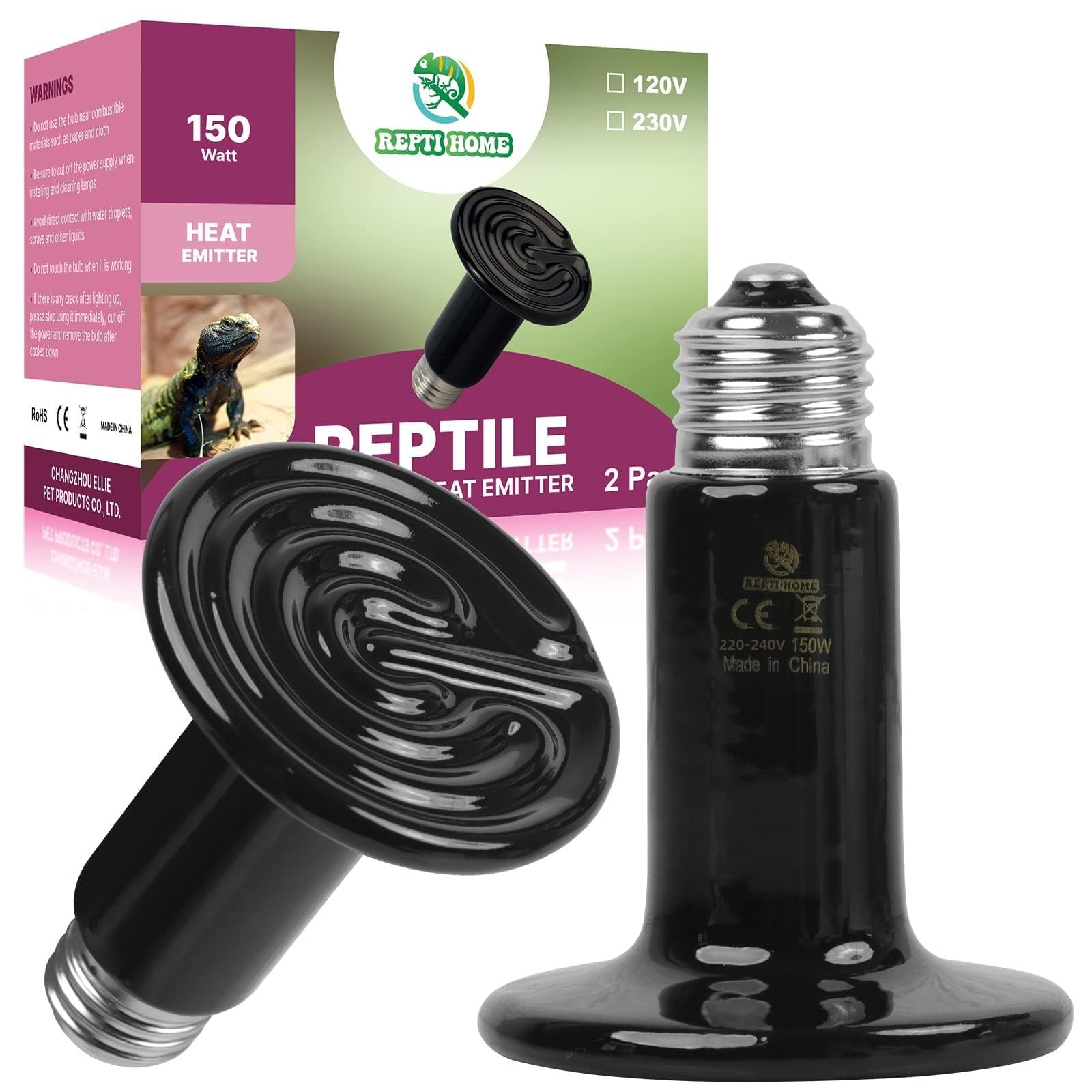 REPTI HOME Reptile Heat Lamp, Ceramic Heat Emitter E27 150W-2Pack, Ceramic Heat Bulb for Terrarium Light, Reptiles, Lizards, Tortoise, Snakes, Chicken