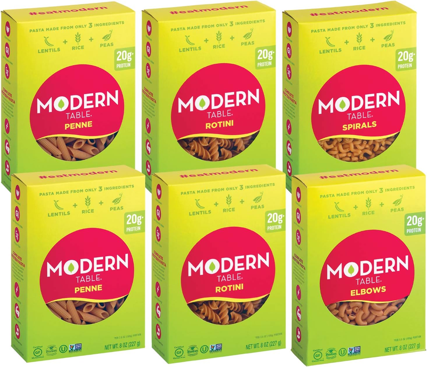 Modern Table Complete Protein Lentil Pasta, Variety Pack, Contains (2) Rotini, (2) Penne, (1) Elbows, (1) Spirals, 8oz, 6 Count, Gluten Free, No Artificial Preservatives