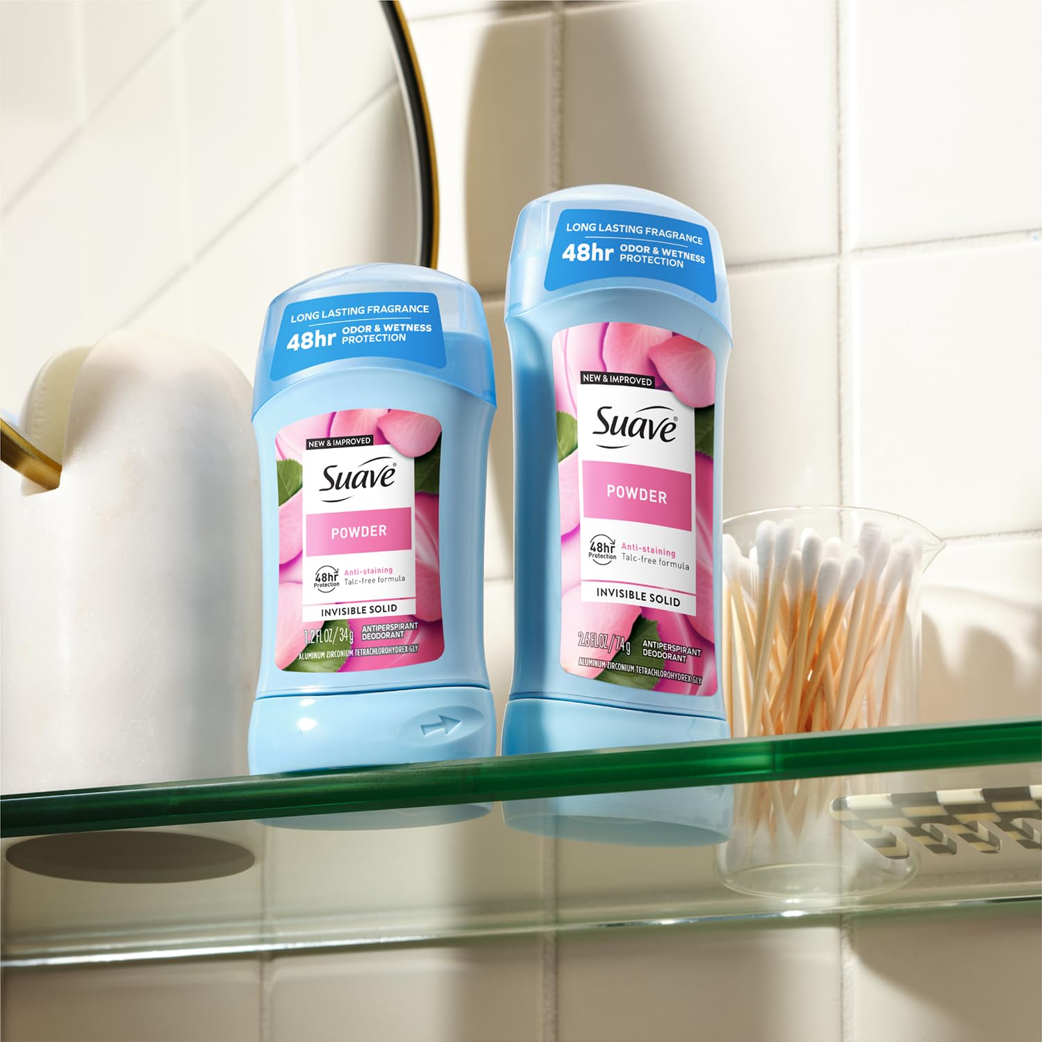 Suave Antiperspirant Deodorant for Women, Powder 2-Size Variety Pack – Anti-Staining Invisible Solid, Talc-Free (2 Piece Set)