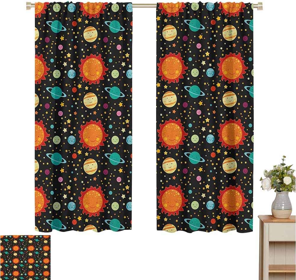Space Bedroom Curtains Cute Celestial Elements Smiling Heavenly Bodies Sun Earth Saturn Jupiter with Stars Living, Dining Room, Bedroom Curtains W63 x L72 Multicolor