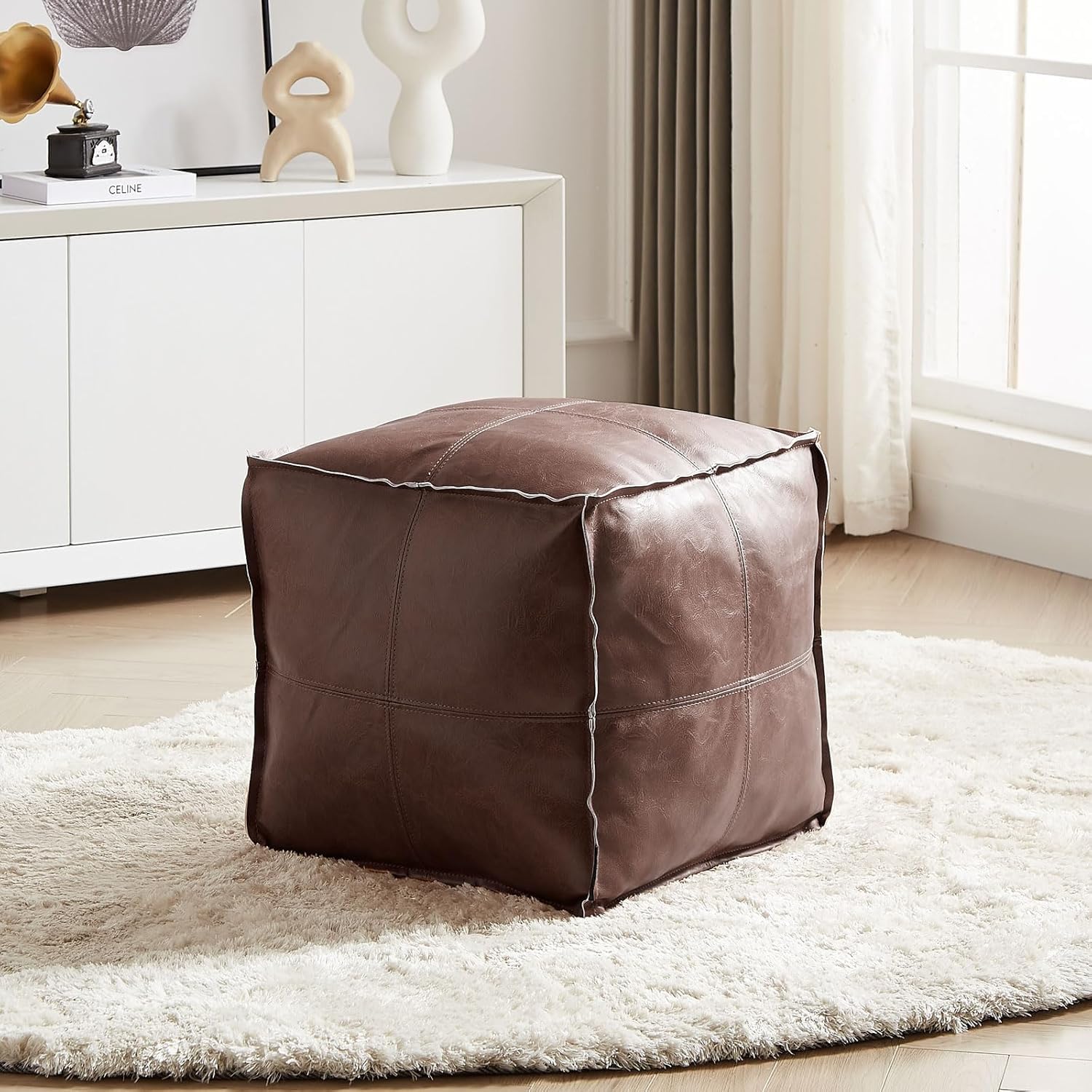 Louis Donne UNSTUFFED Square Faux Leather PU Pouf, Supersoft Handmade Ottoman Faux Moroccan Decor, Storage Solution, Foot Rest, Footstool, Pouffe Seat for Balcony Office Indoor, Brown-NO COVER