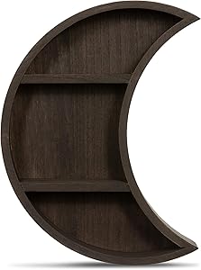 Rustix Rustic Hanging Wooden Moon Shelf Display with Shelves Perfect Moon Wall Art to Display Shelf Decor, Crystal, Small Photos or Witchy Room Decor.